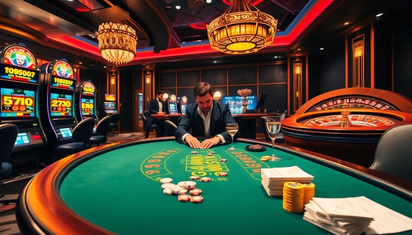 Get ready to win big at 789bet with a lively casino scene featuring poker tables and slot machines.