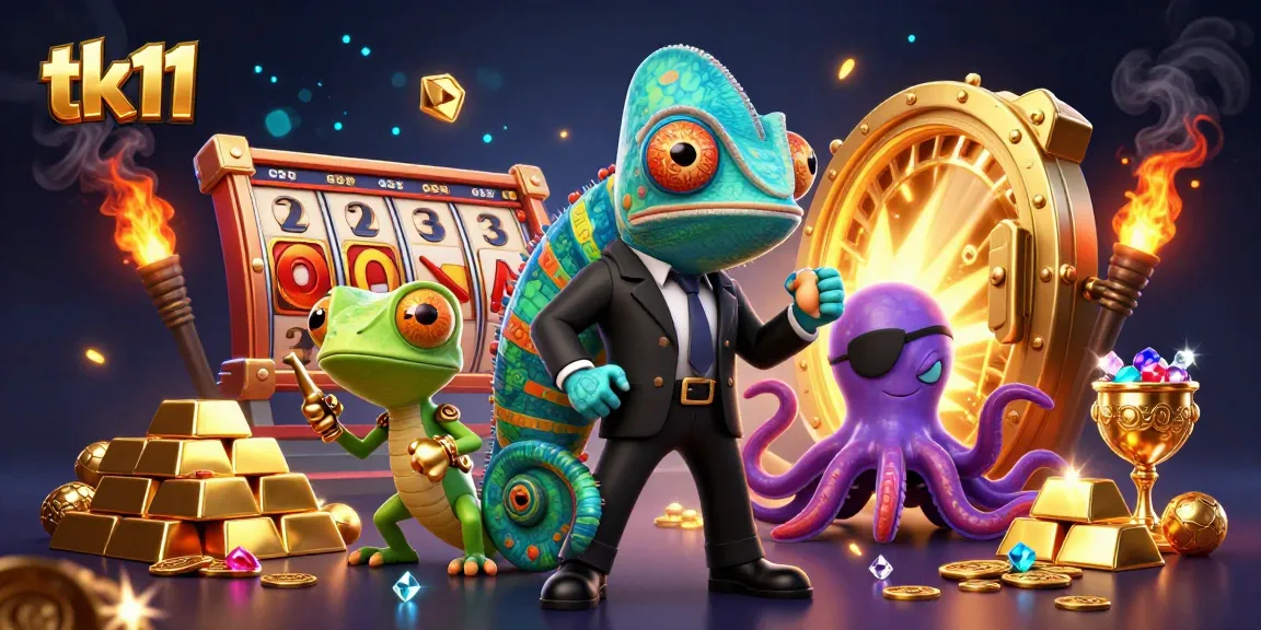 Experience thrilling tk11 gameplay with vibrant 3D characters amidst dynamic slot reels and treasures.