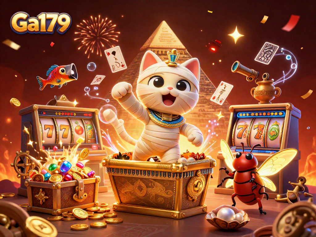 Engage with Ga179's vibrant casino theme featuring a mummy cat and scarab in an electrifying pyramid scene.