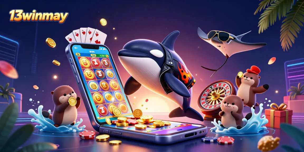 Experience fun at 13winmay with vibrant 3D casino elements featuring a cool orca and otters!