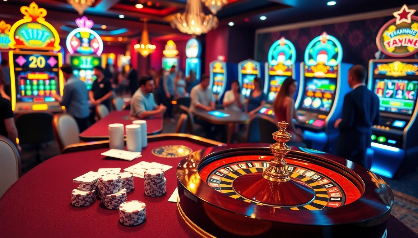 Experience the excitement of online gambling at https://nhacaiuytin.news/ with a luxury casino scene featuring table games and vibrant slot machines.