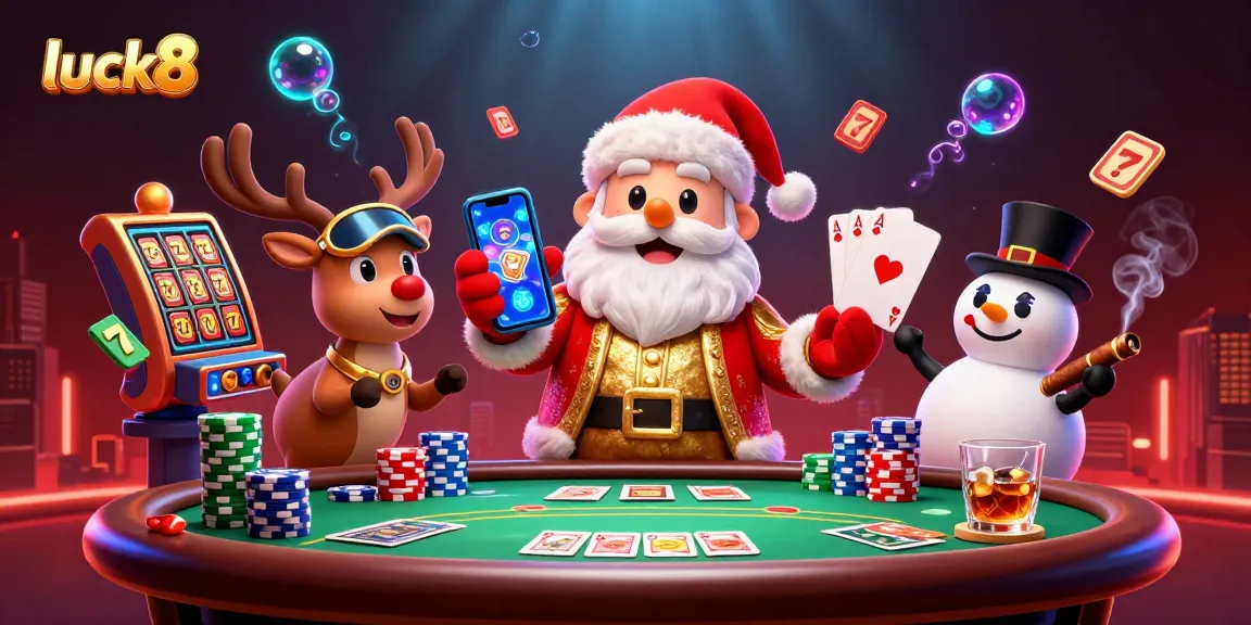 Experience the excitement at luck8 with a festive 3D casino scene featuring Santa, a reindeer dealer, and a poker chip snowman.