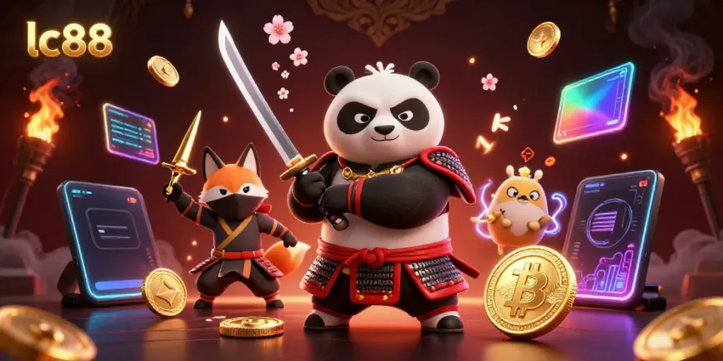 Experience thrilling gameplay with lc88 illustrated by a fierce samurai panda and a sly ninja fox.