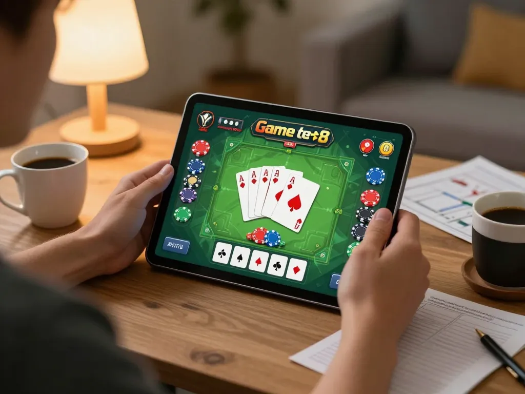 Engaged player using Go8 app on tablet for strategic poker gameplay in a cozy home setting.