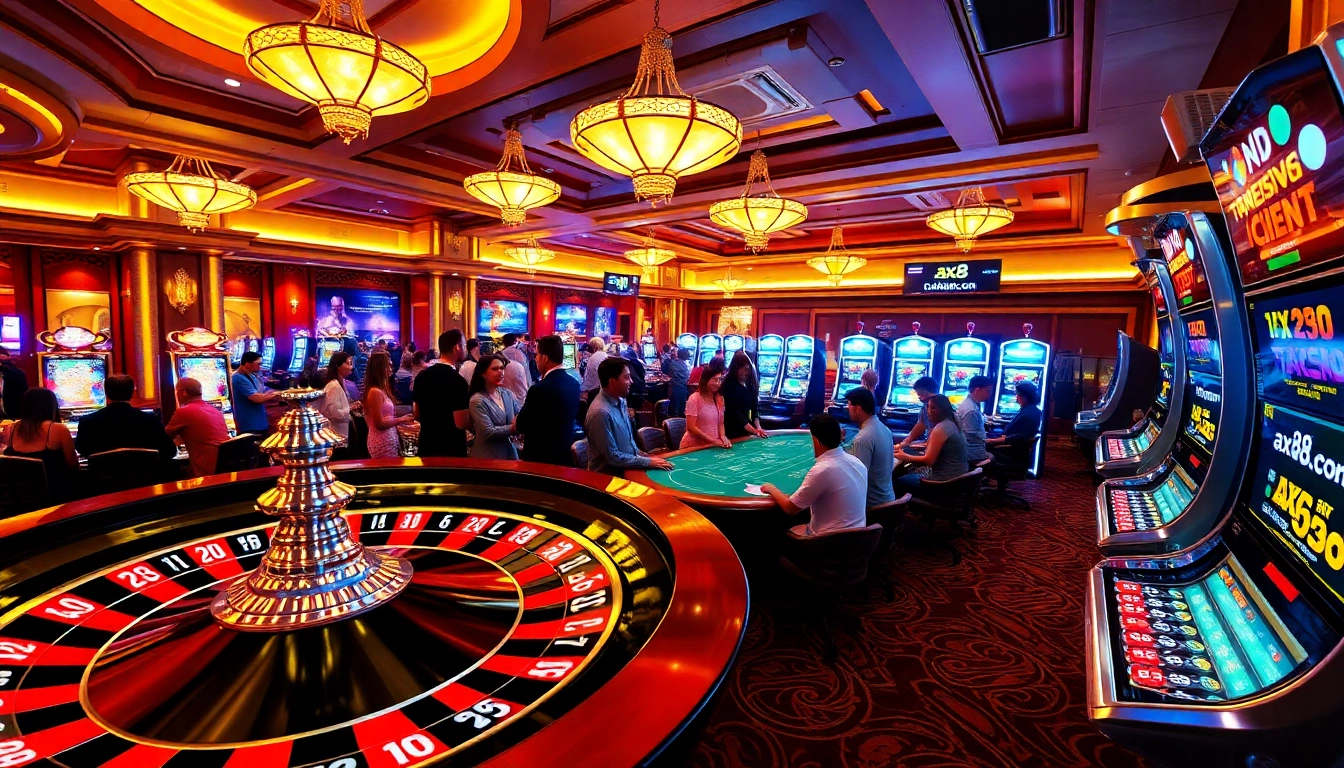 Experience the excitement of gambling at ax88.com with vibrant casino visuals featuring roulette and blackjack tables.