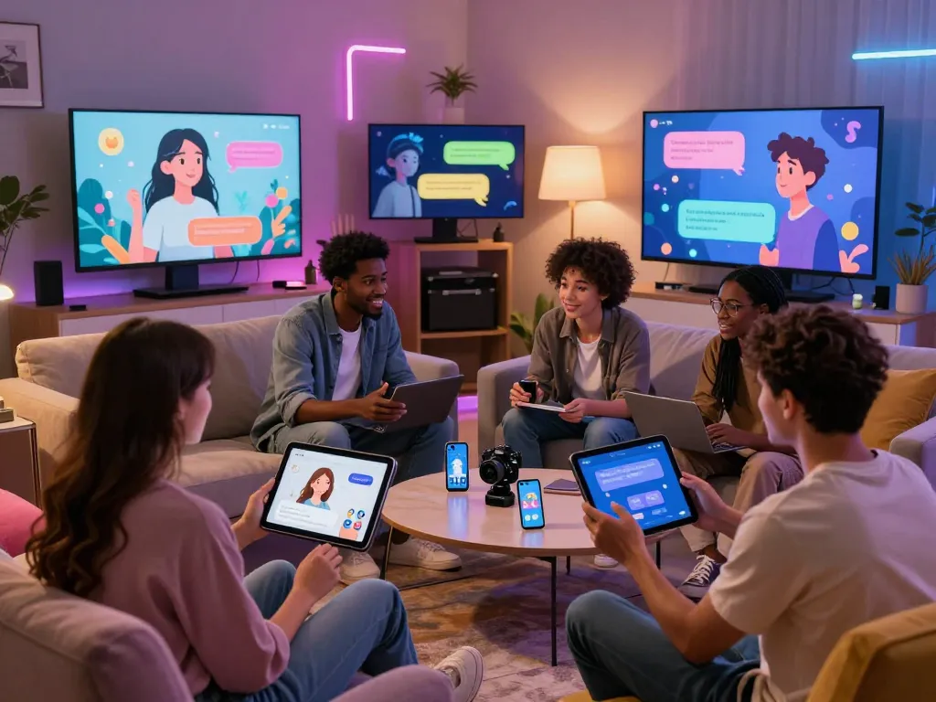Engaging scene of users interacting with spicy AI characters in a cozy tech environment.