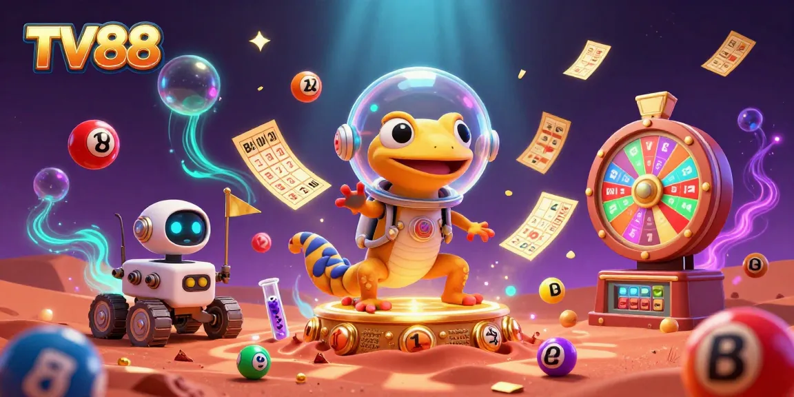 Join the Martian gecko at TV88 as it explores a golden casino amidst a universe of colorful lottery excitement!