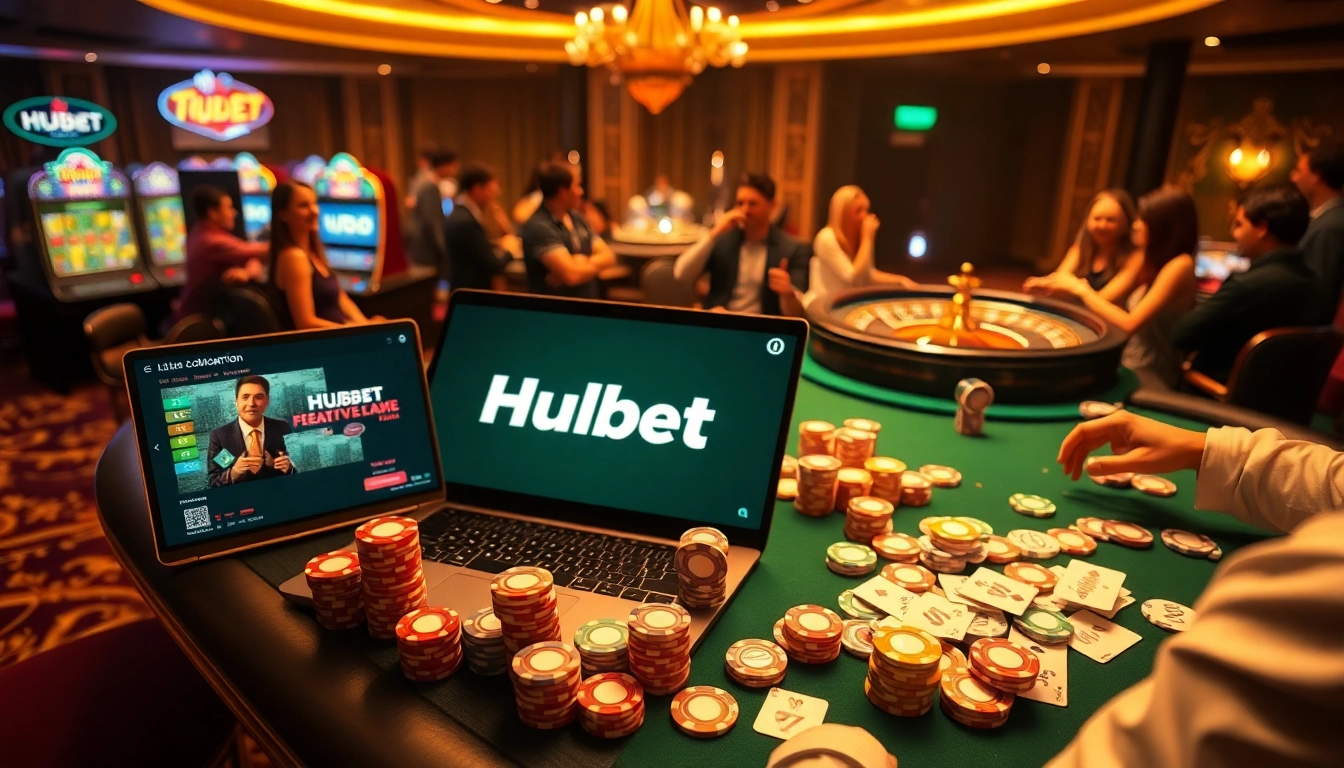 A thrilling gambling scene at Hubet, featuring exciting poker action, vibrant chips, and a stylish virtual betting interface.