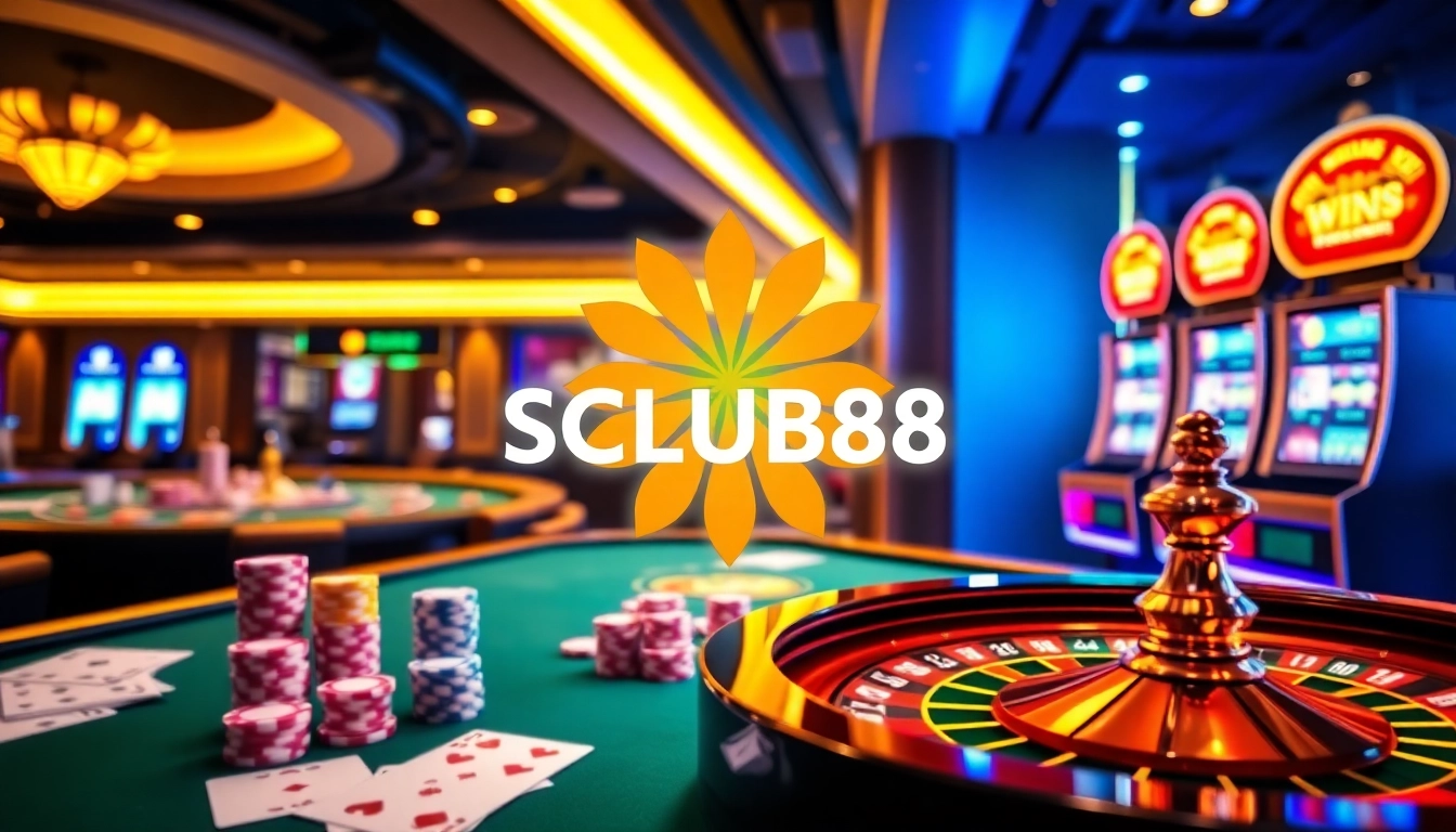 SCLUB88 offers thrilling casino gaming with vibrant poker chips and roulette wheel in action.