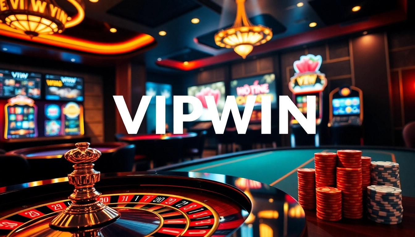 VIPWIN focuses on showcasing a luxurious online casino atmosphere with vibrant gaming elements.