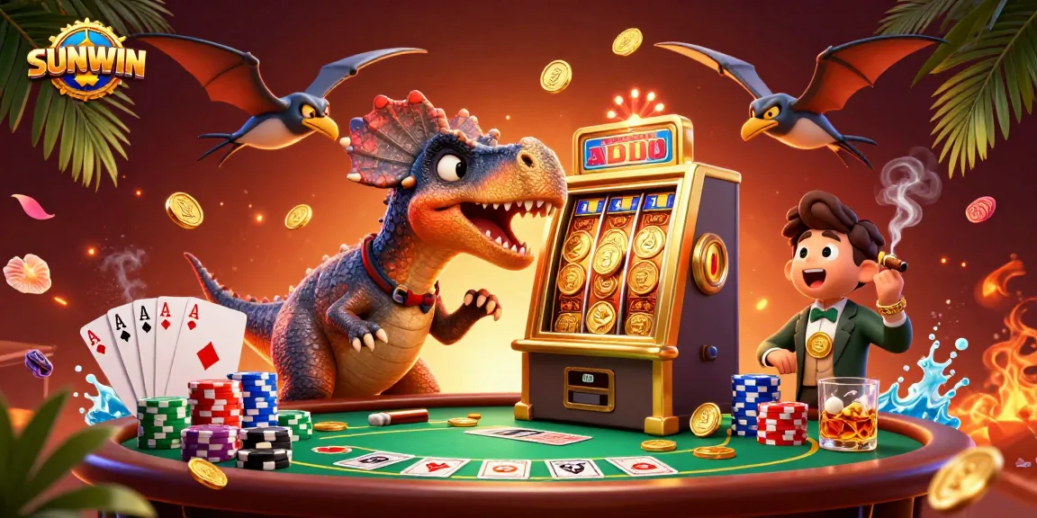 Experience the exciting SUNWIN casino world with dynamic characters capturing jackpot coins and playing cards.