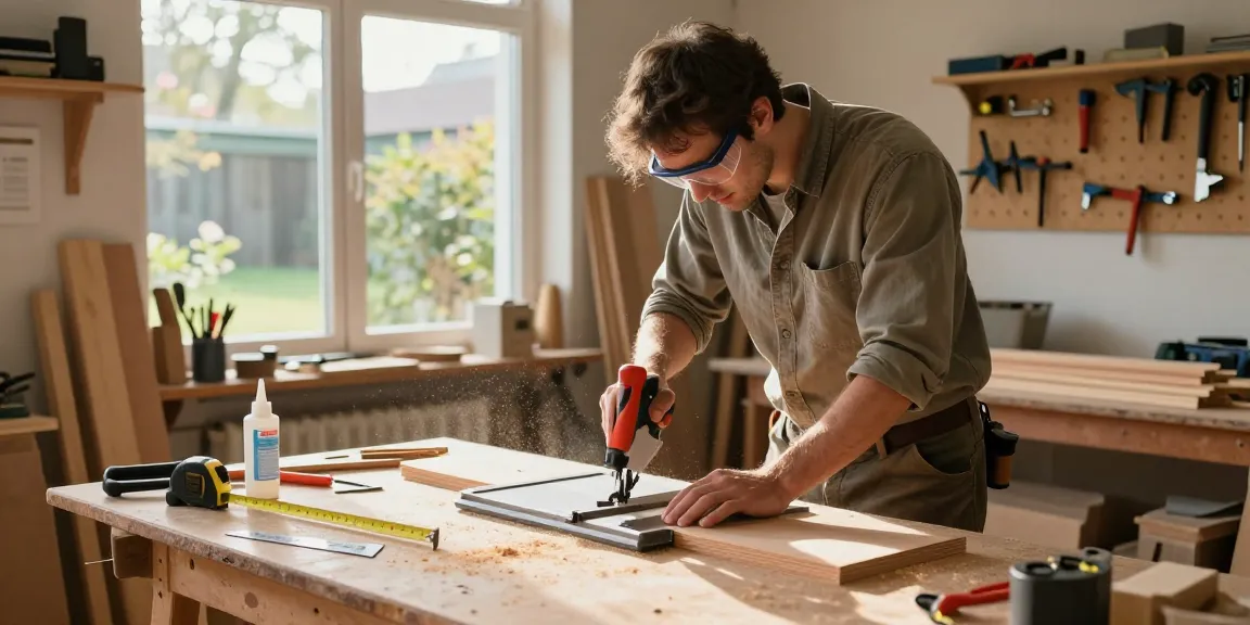 Carpenter using a mitre saw hand in a well-equipped workshop, focusing on precision cutting.