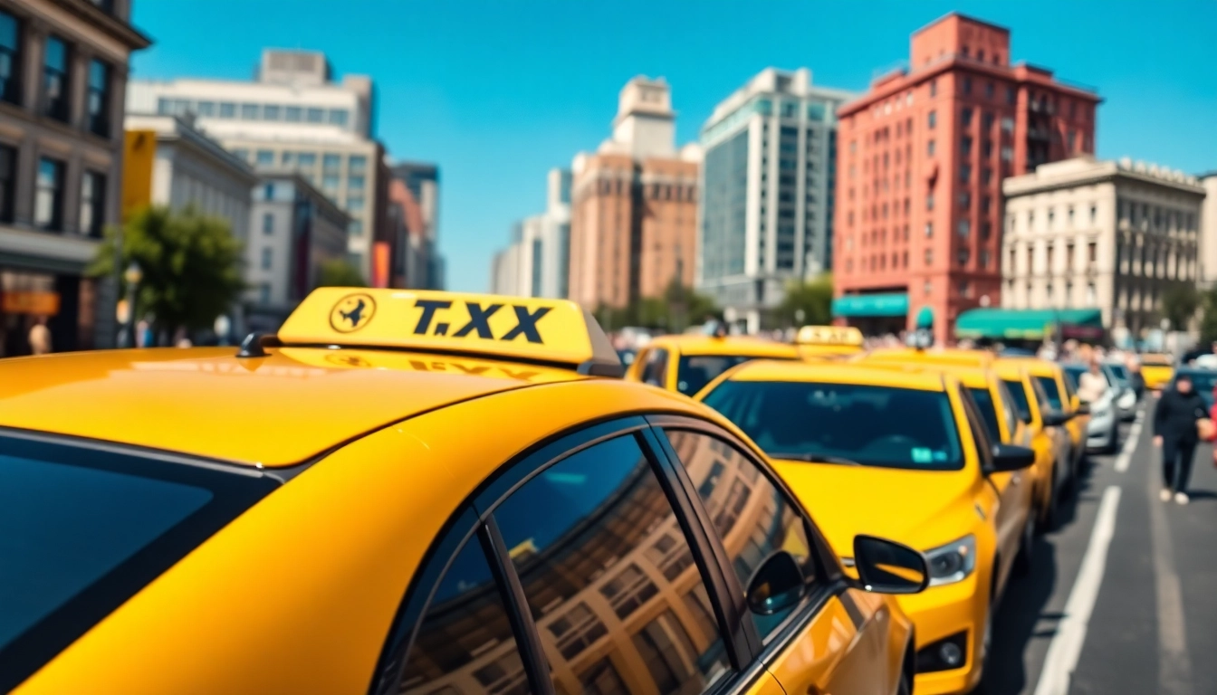 Taxis lined up in a bustling city, showcasing vibrant urban transportation options.