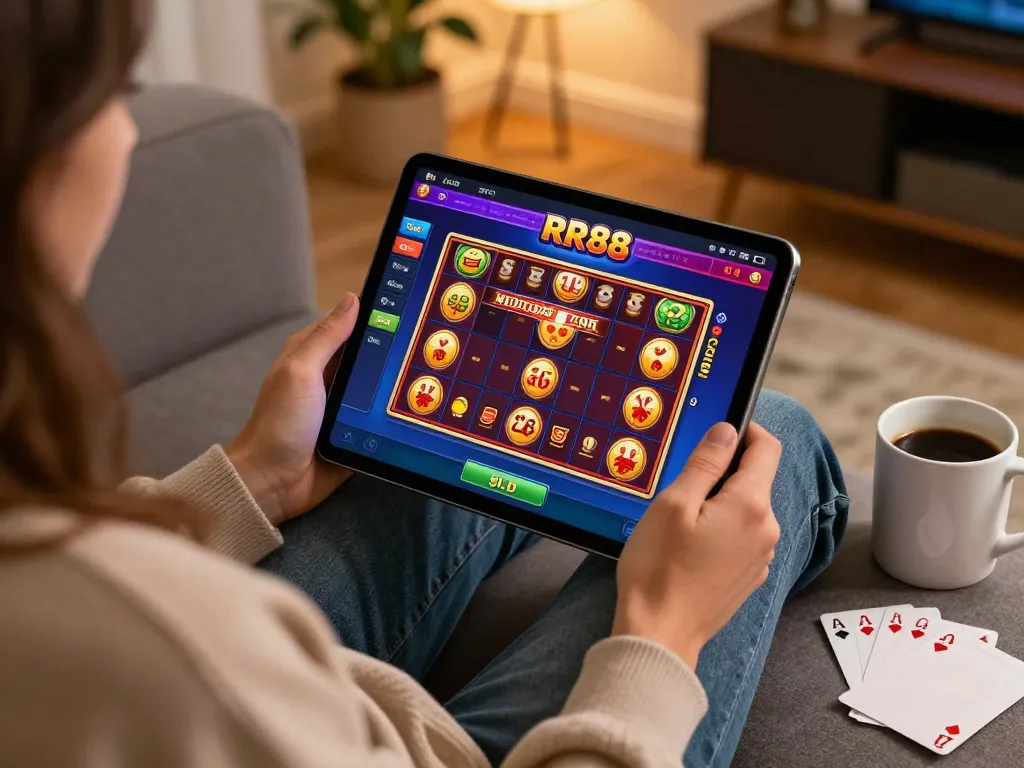 Player engaging with the RR88 online casino app on a cozy sofa, showcasing responsible gaming.