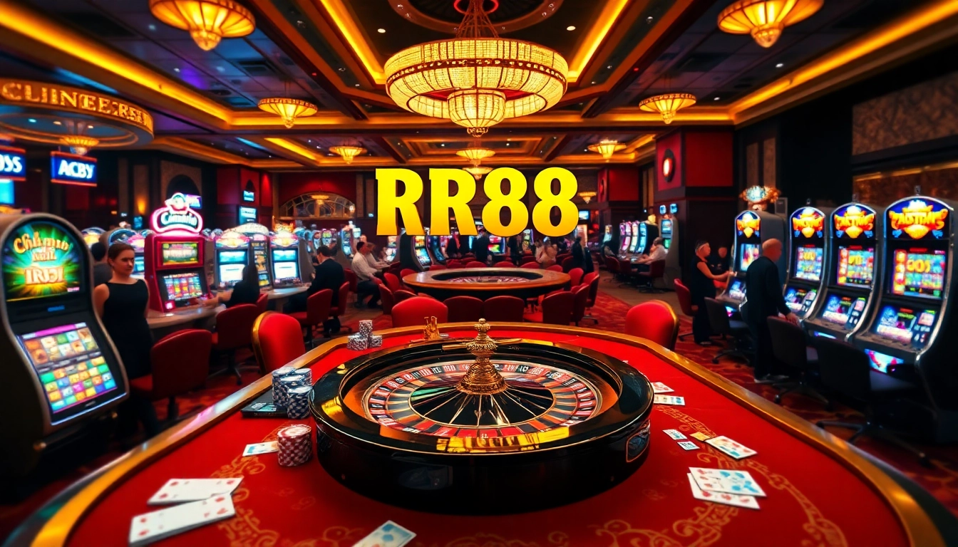 Players enjoying RR88 casino experience with poker chips and roulette wheel in action.