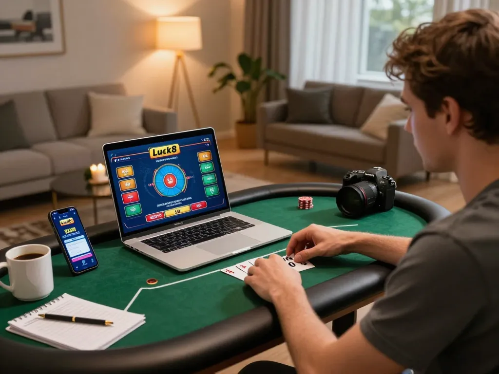 Player enjoying an online poker game on Luck8 with cozy home setup and engaging gaming screen.