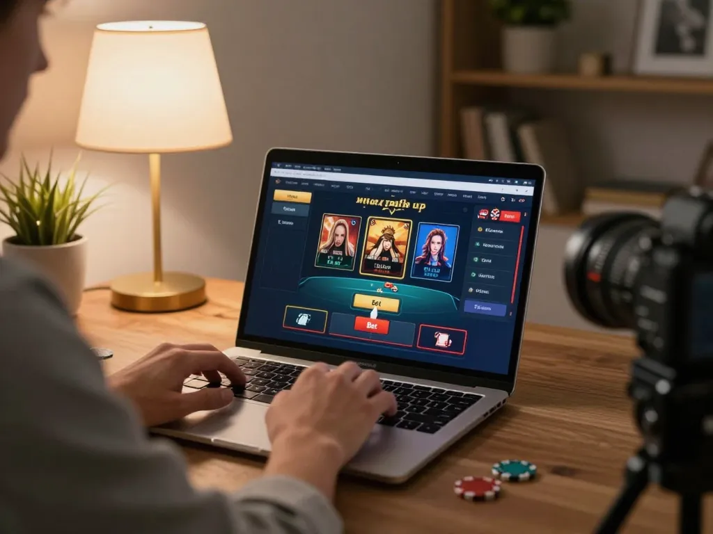 Engaged player exploring 88xx online casino through laptop for live dealer games and slots