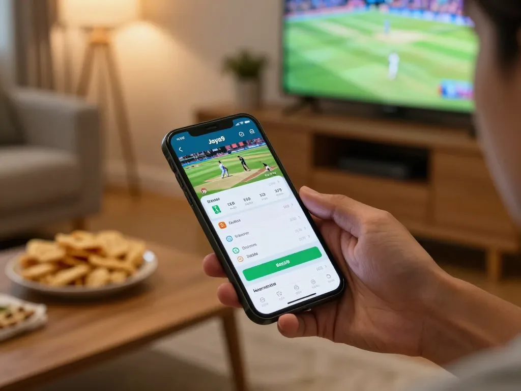 Engaging in joya9 best cricket betting via smartphone while watching a live match at home.