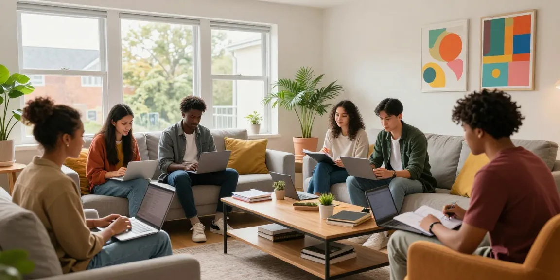 Cozy living area showcasing Northampton Student Accommodation with diverse students studying together.