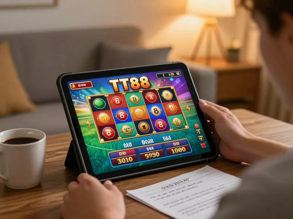 Engaging in TT88 gaming on a tablet in a cozy home environment, emphasizing responsible play.
