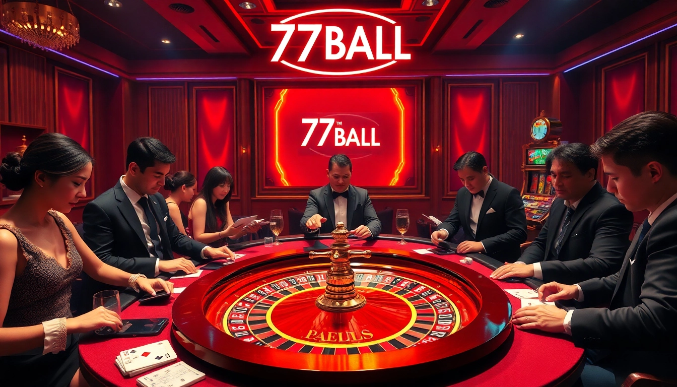 Gambling excitement at 77BALL's luxury casino table with engaging players.