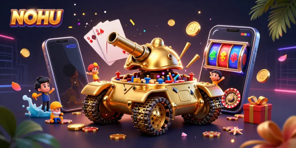 Experience the thrill of NOHU with a miniature casino in a golden tank bursting with coins and games.