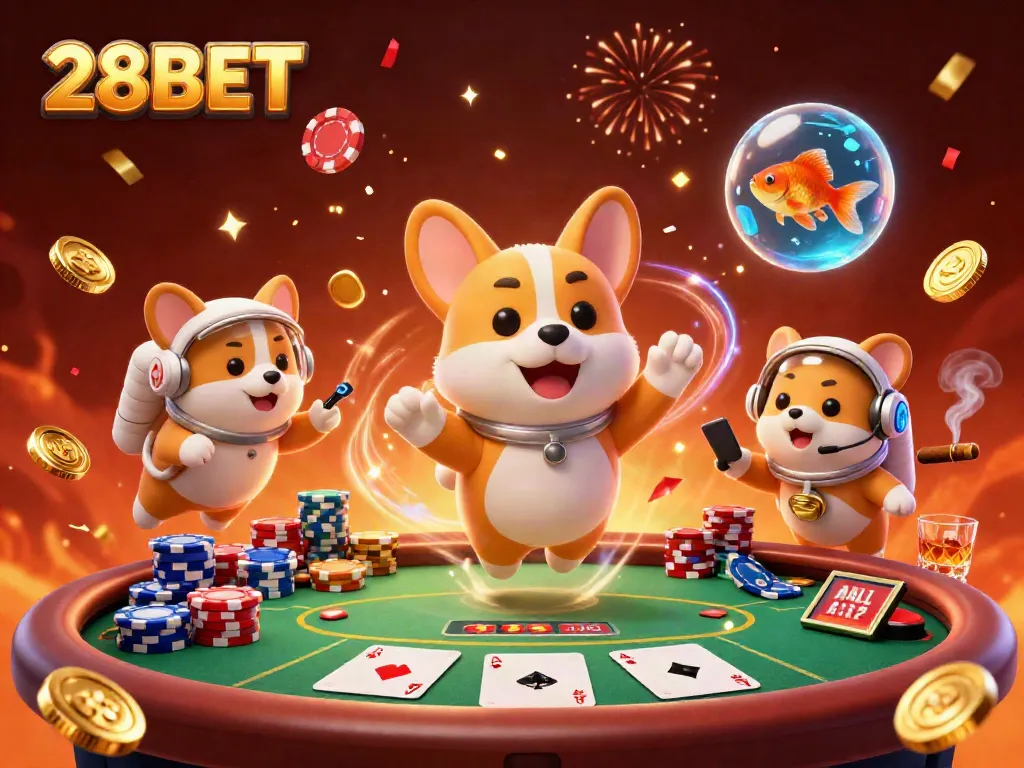 Experience thrilling betting action with 28BET as an astronaut corgi navigates a vibrant space casino.