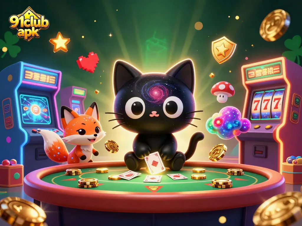 Engage with 91club apk's exciting gaming experience featuring a black hole cat at a cosmic casino.