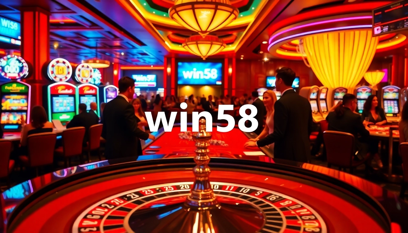 Win58 players enjoying a thrilling casino experience with vibrant lights and exciting games.