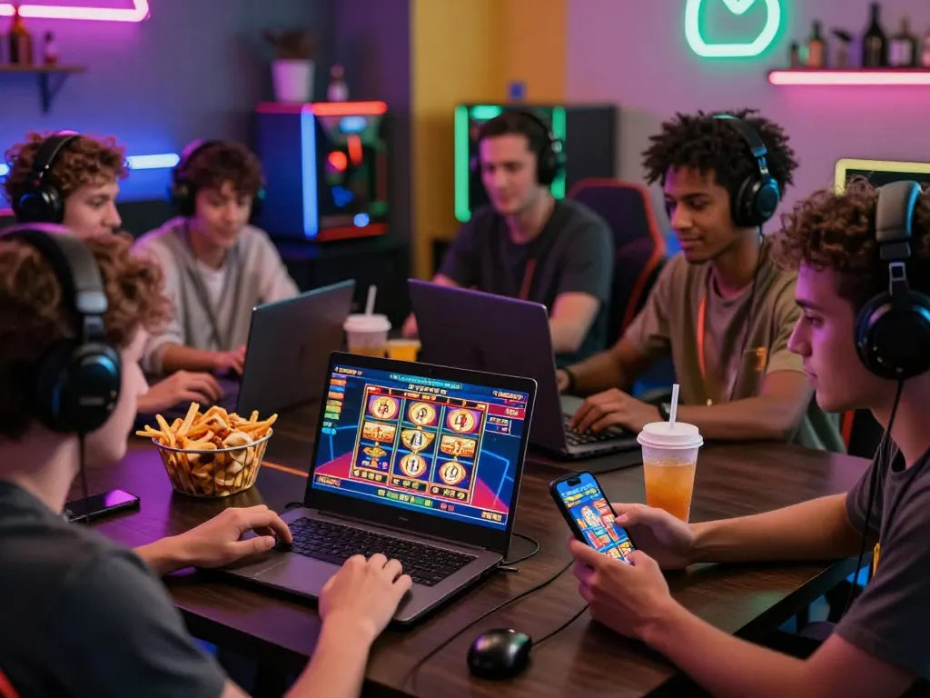 Players enjoying B52 online casino games in a colorful gaming room.