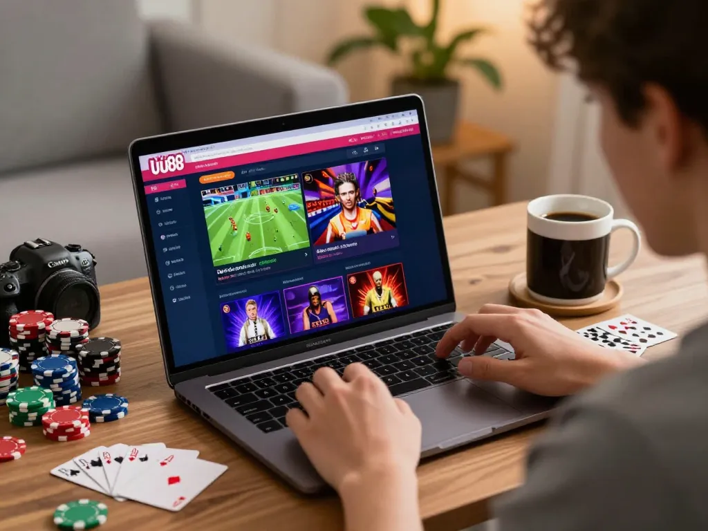 Enthusiastic user betting on UU88 platform at home, showcasing lively gaming interface.