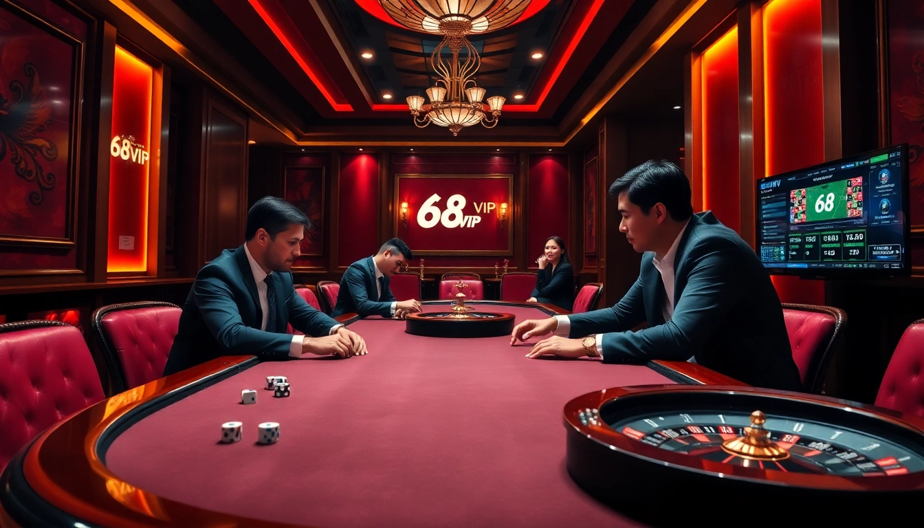 Experience the excitement of gambling at 68VIP's luxurious casino atmosphere with engaging poker action.