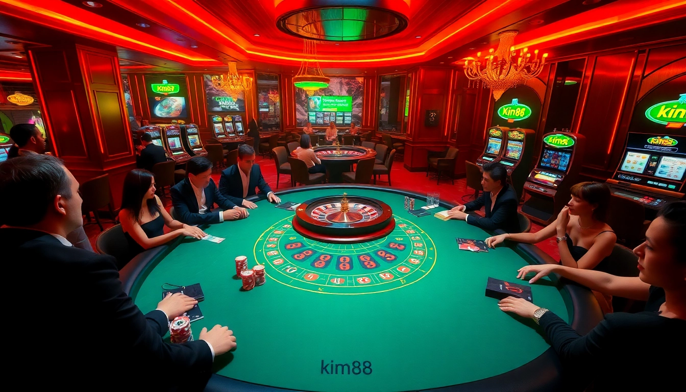 Engage in thrilling game moments at KIM88 casino with poker chips and roulette wheel.