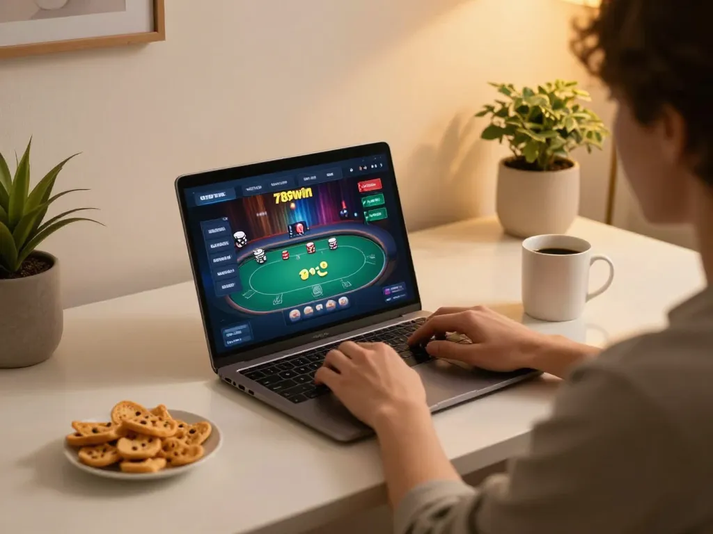 Player enjoying live poker action on 789win from the comfort of home, highlighting responsible gaming.