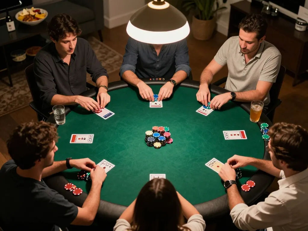 Players enjoying a lively home poker night with chips stacked high, showcasing strategy and excitement at b52clubc.