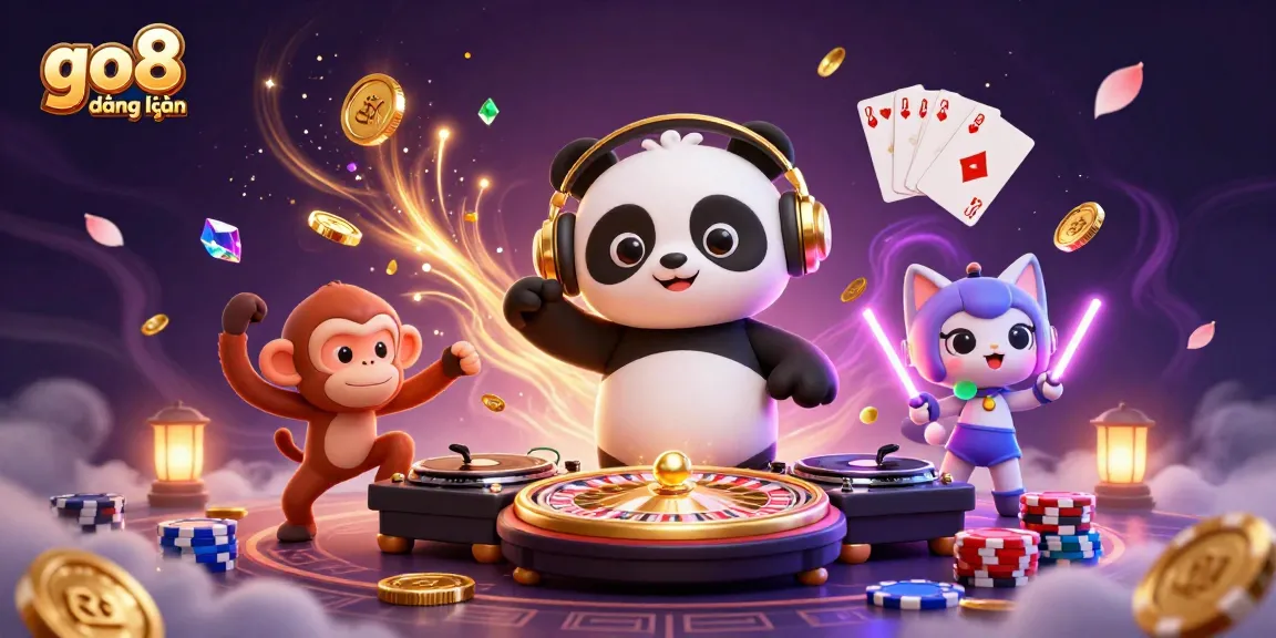 Experience thrilling gaming at go8 đăng nhập with lively DJ panda and breakdancing monkey surrounded by casino elements.