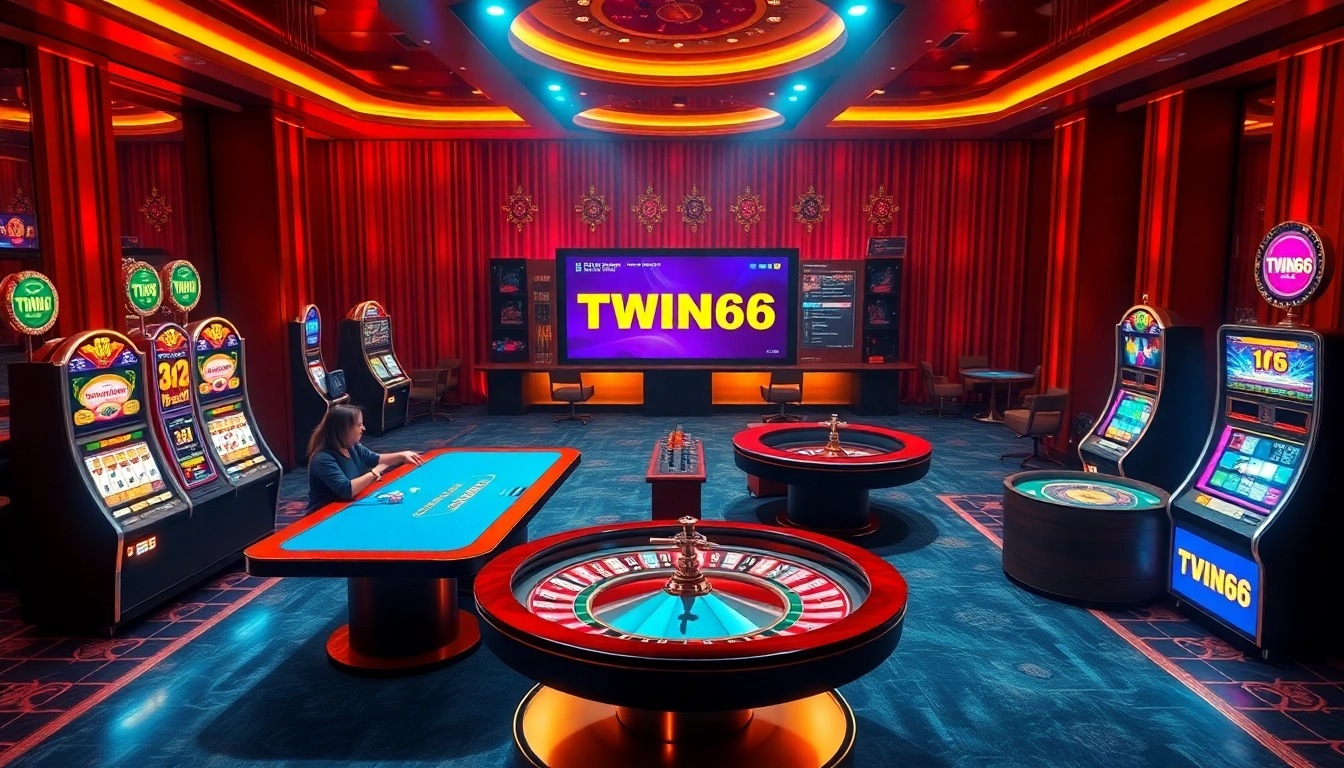 TWIN68 showcases an exciting online casino environment with poker tables and slot machines.