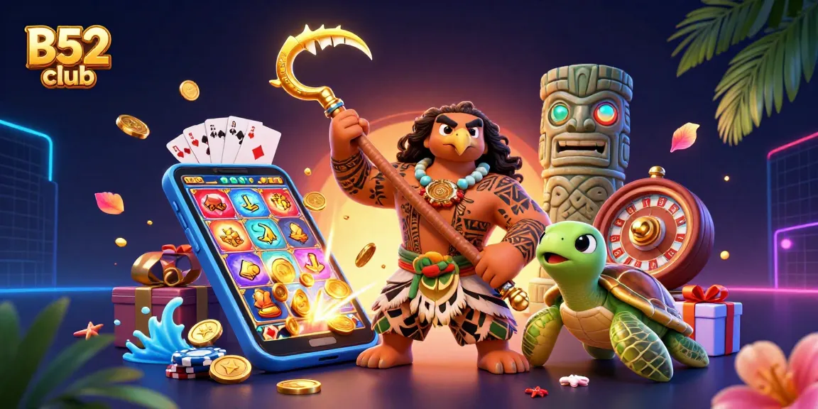B52club players enjoying vibrant gaming with dynamic casino elements including slot games and poker