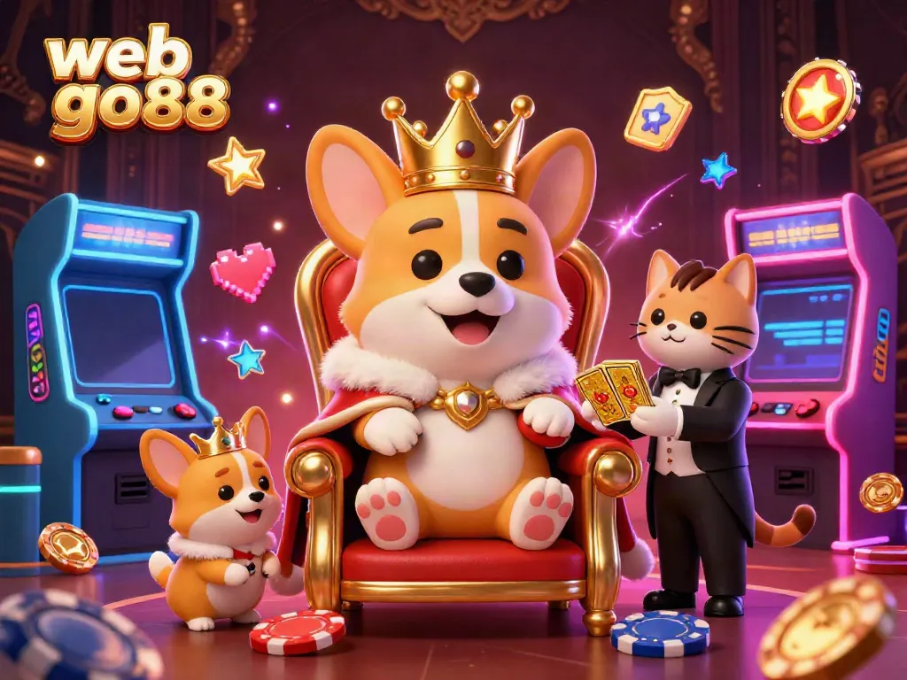 Experience thrilling gaming action with web go88 in a vibrant 3D cartoon casino scene featuring a royal corgi.