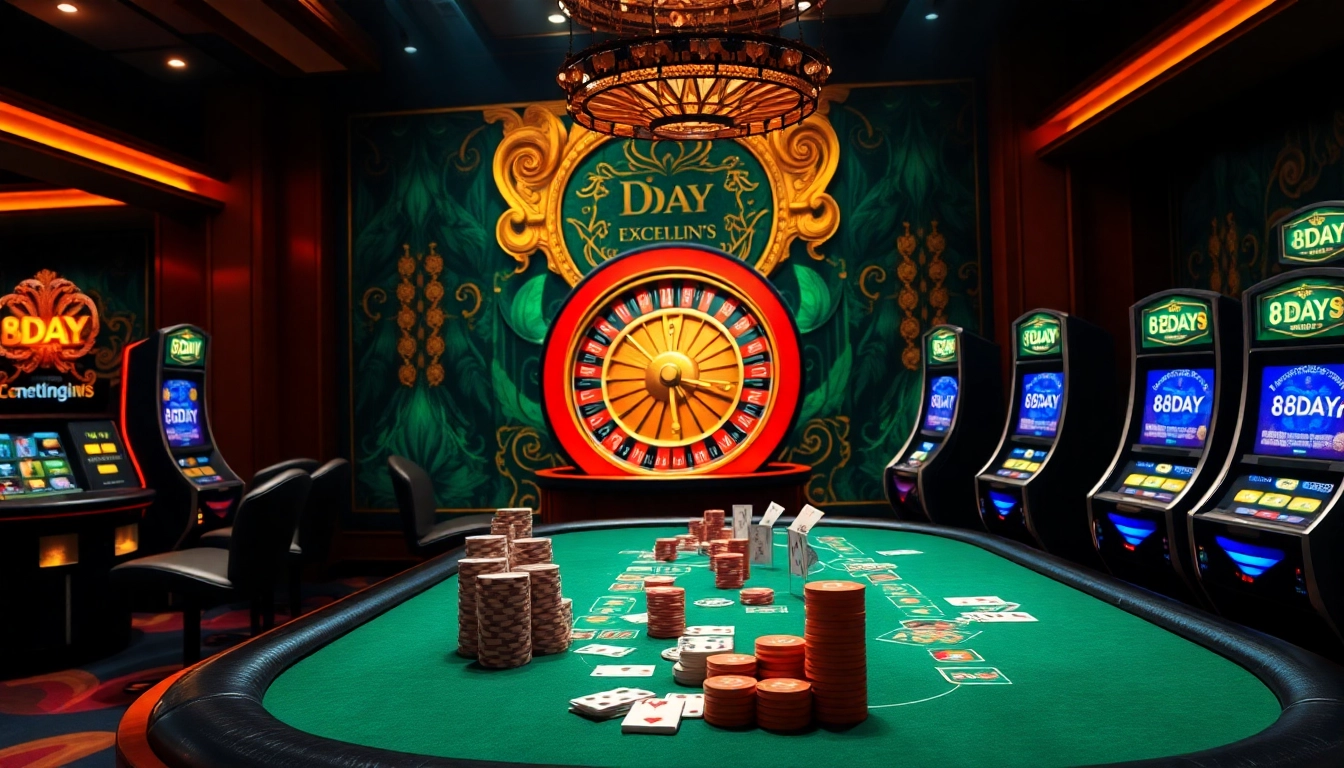 Players engage in intense poker action at 8DAY casino, surrounded by vibrant slot machines.