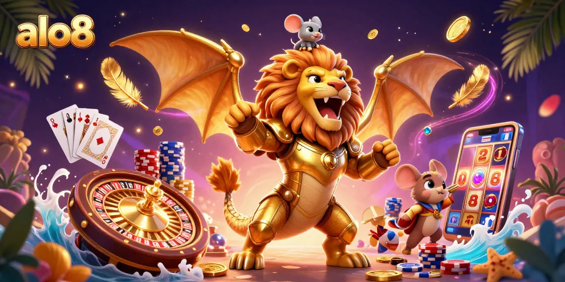 Experience thrilling adventures at alo8 with golden coins and vibrant casino elements swirling around a mystical chimera and mouse jockey.