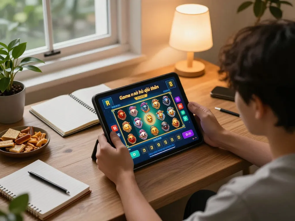 Player enjoying Game nổ hũ đổi thưởng on tablet in cozy living room setting with snacks and notes.