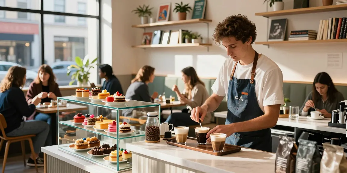 Barista preparing artisanal coffee drinks in a vibrant café setting highlighted by ia +18.