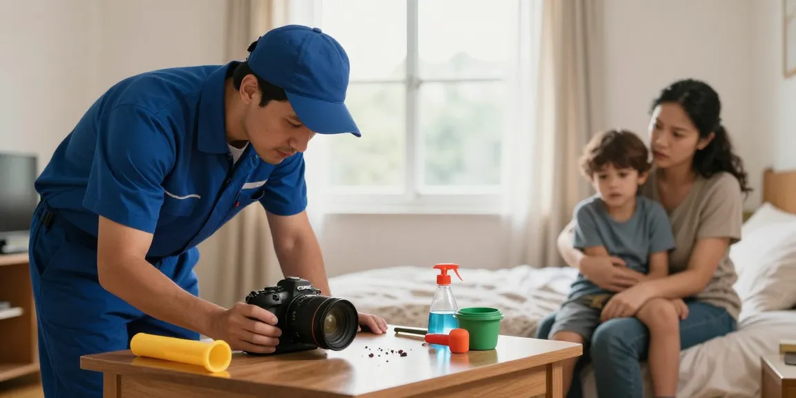 Bed bug exterminators inspecting a home while a family looks concerned during treatment.