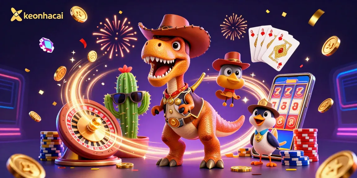 Celebrate winning big with keonhacai in this vibrant 3D casino scene featuring fun characters and rich gaming elements.