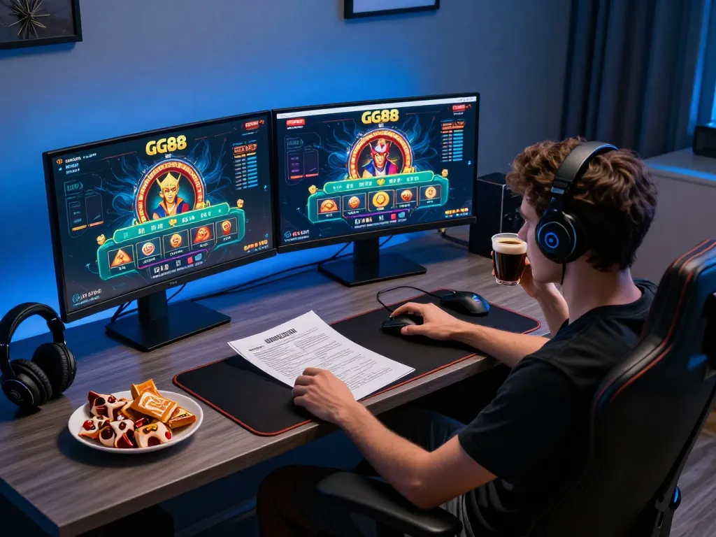 Engaging online casino gaming experience on GG88 com with sophisticated home setup and focused player.