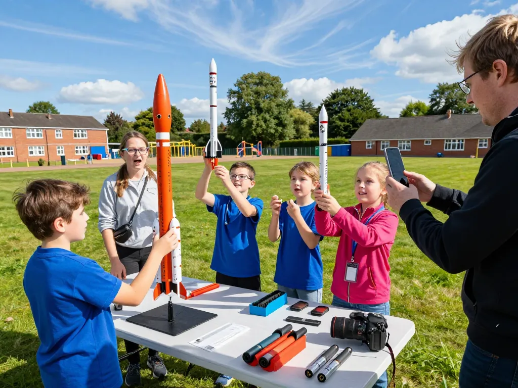 Excited students launching model rockets while showcasing model rocket kits and accessories in a school playground.