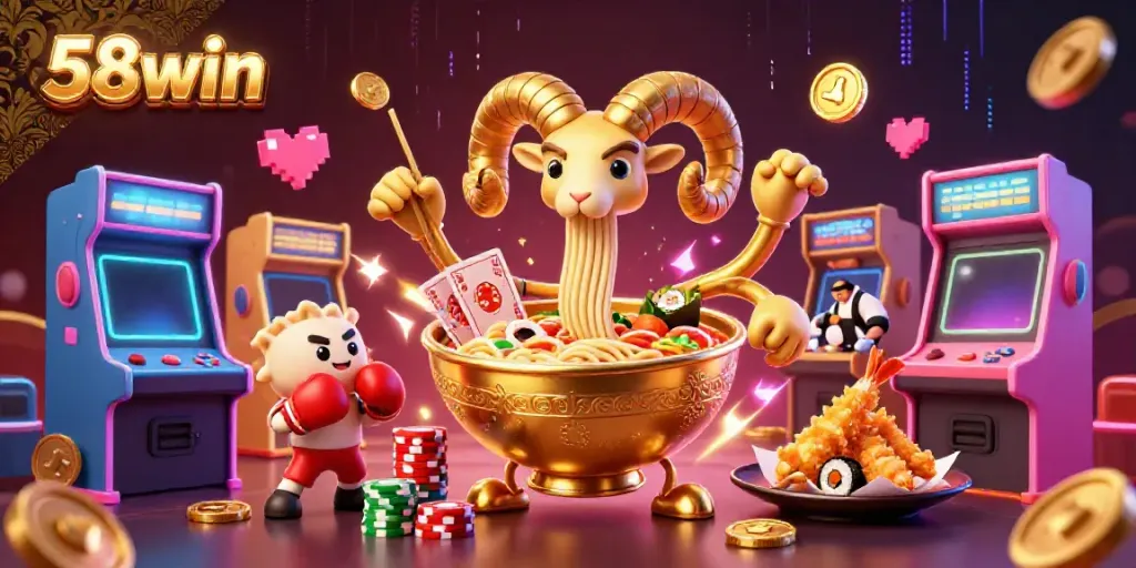 Experience the vibrant 58win world with a dynamic ramen bowl dealing cards and chips amidst casino elements.