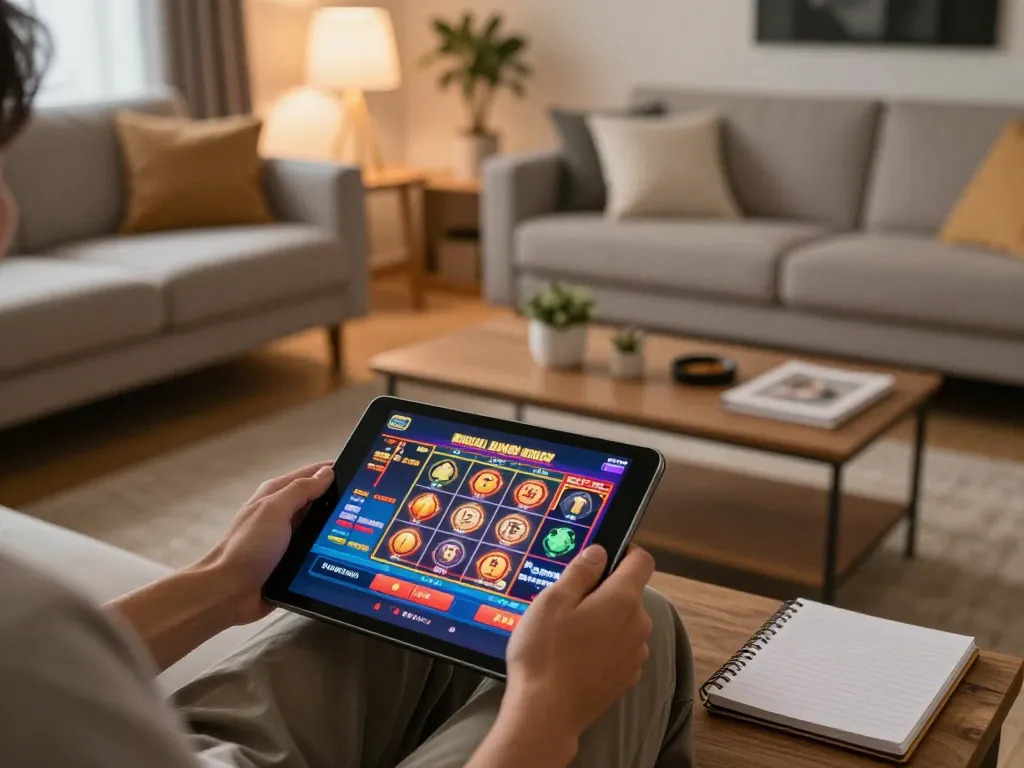 Engaging in strategic gameplay on 789BET online casino platform in a cozy living room
