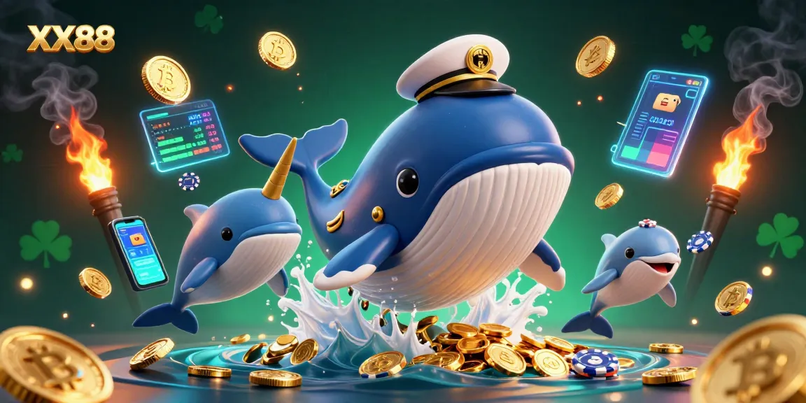 Experience the excitement of XX88 with a dynamic illustration of a 3D whale breaching through coins amidst vibrant gaming elements.